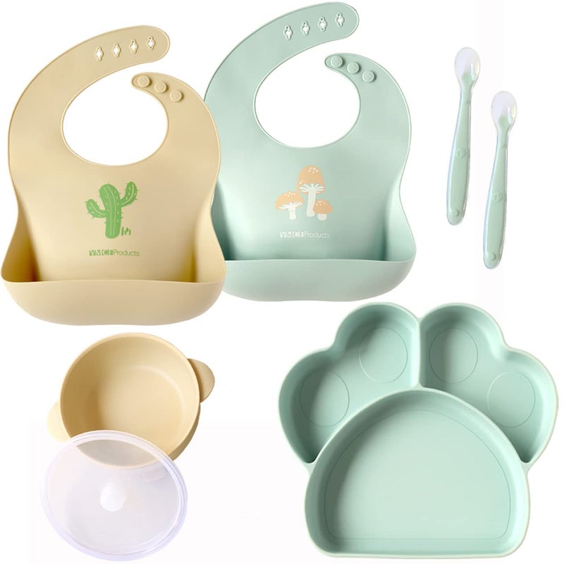 YMCF Products Baby or Toddler Feeding Set | Silicone Bib, Divided Plates, Suction Bowls & Spoons, Dishwasher-Safe, Easy-Wipe Cleaning (Beige/Sage) - Image 1